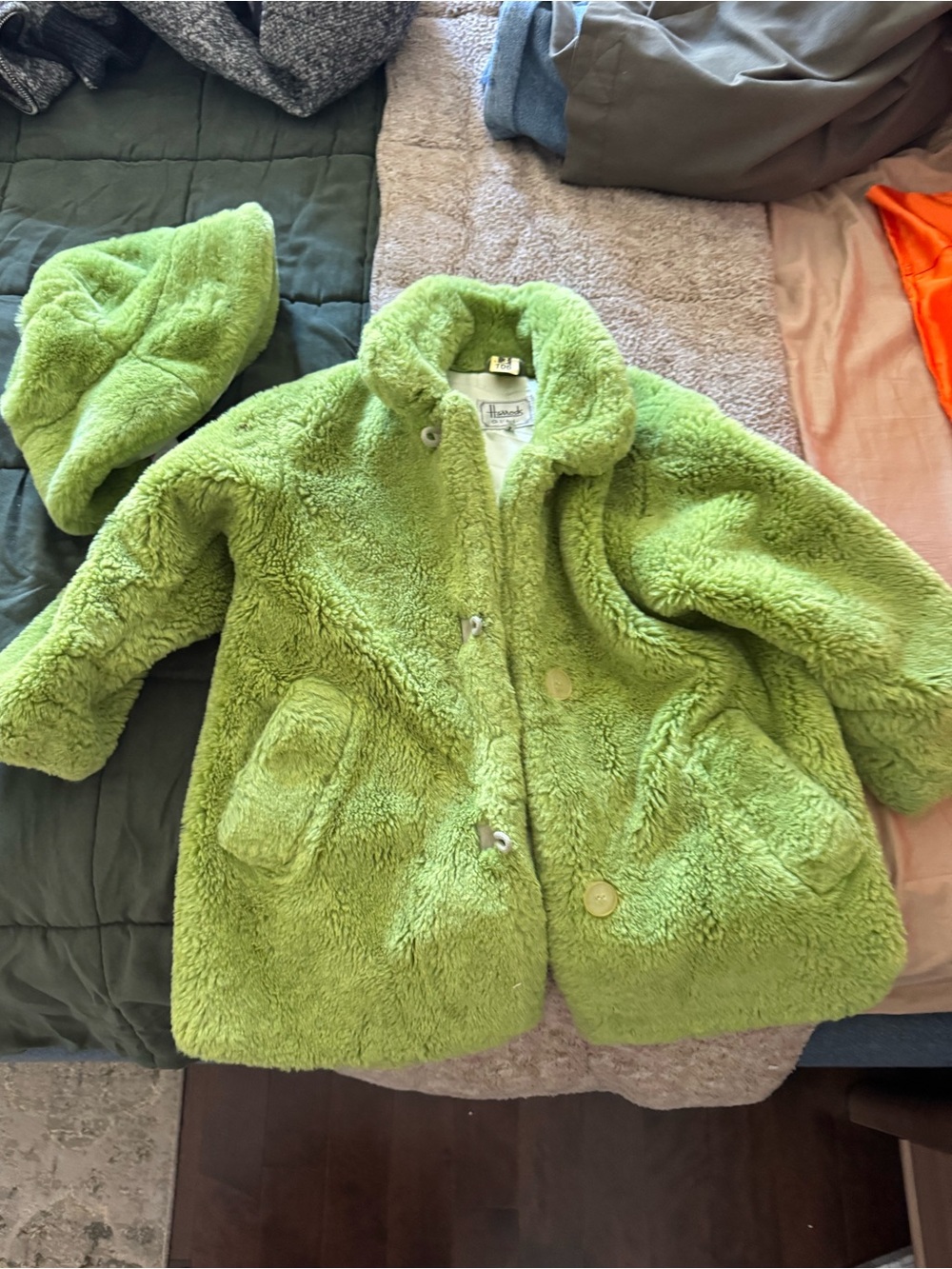 harrods knightsbridge vintage Plush Lime Green Kids Teddy Coat with hat
